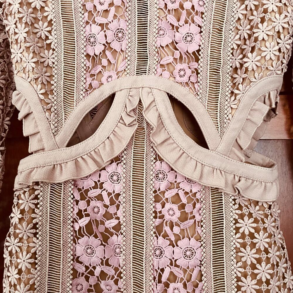 Self Portrait Payne Dress Maxi Floral Lace Cutout Long Sleeve Tan Pink Size 0 - Picture 6 of 13
